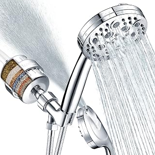 Filtered Shower Head Combo, Includes 20 Stage Shower Filter Head, High Pressure Handheld Spray Showerhead, Hose, Shower Arm Mount Holder, for Hard Well Water Chlorine, Chrome (S60)