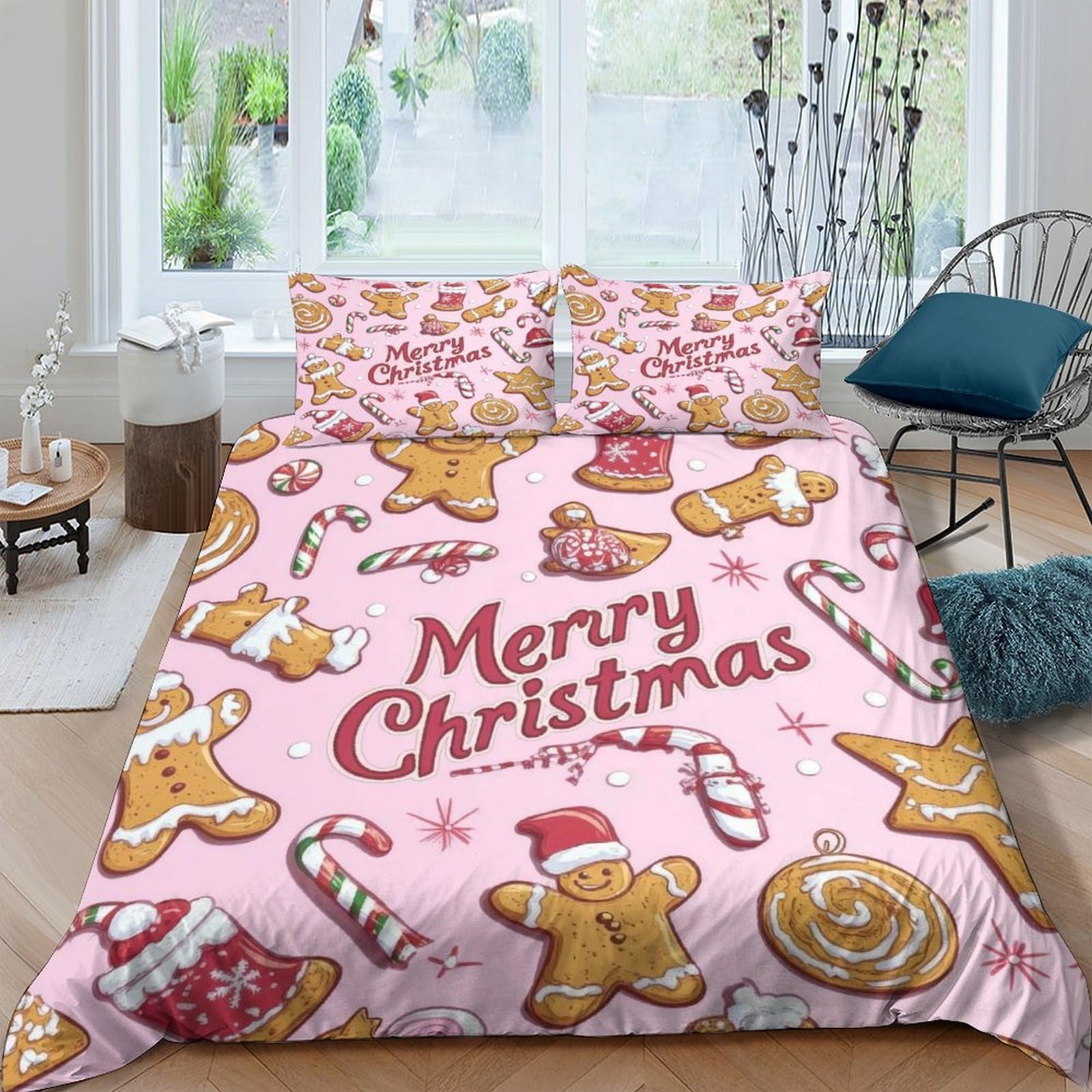 Ctjqhvkz Style-7 3D Printed Christmas Gingerbread Fitted Sheet Microfiber Pink Candy Cane Bed Cover For Bedroom Guest Room Decor Single（135X200cm）