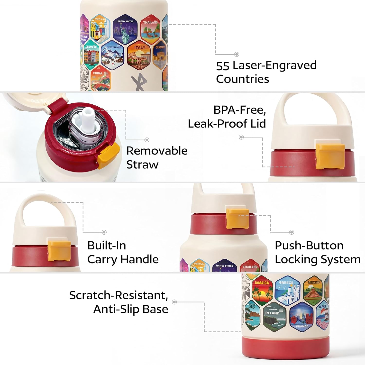 Water Bottle with 55 Waterproof Travel Stickers, 32oz | Lockable Lid & Removable Straw | Leak-Proof & BPA-Free | Double-Wall Vacuum Insulated Stainless Steel Bottle | Countries Engraved, White