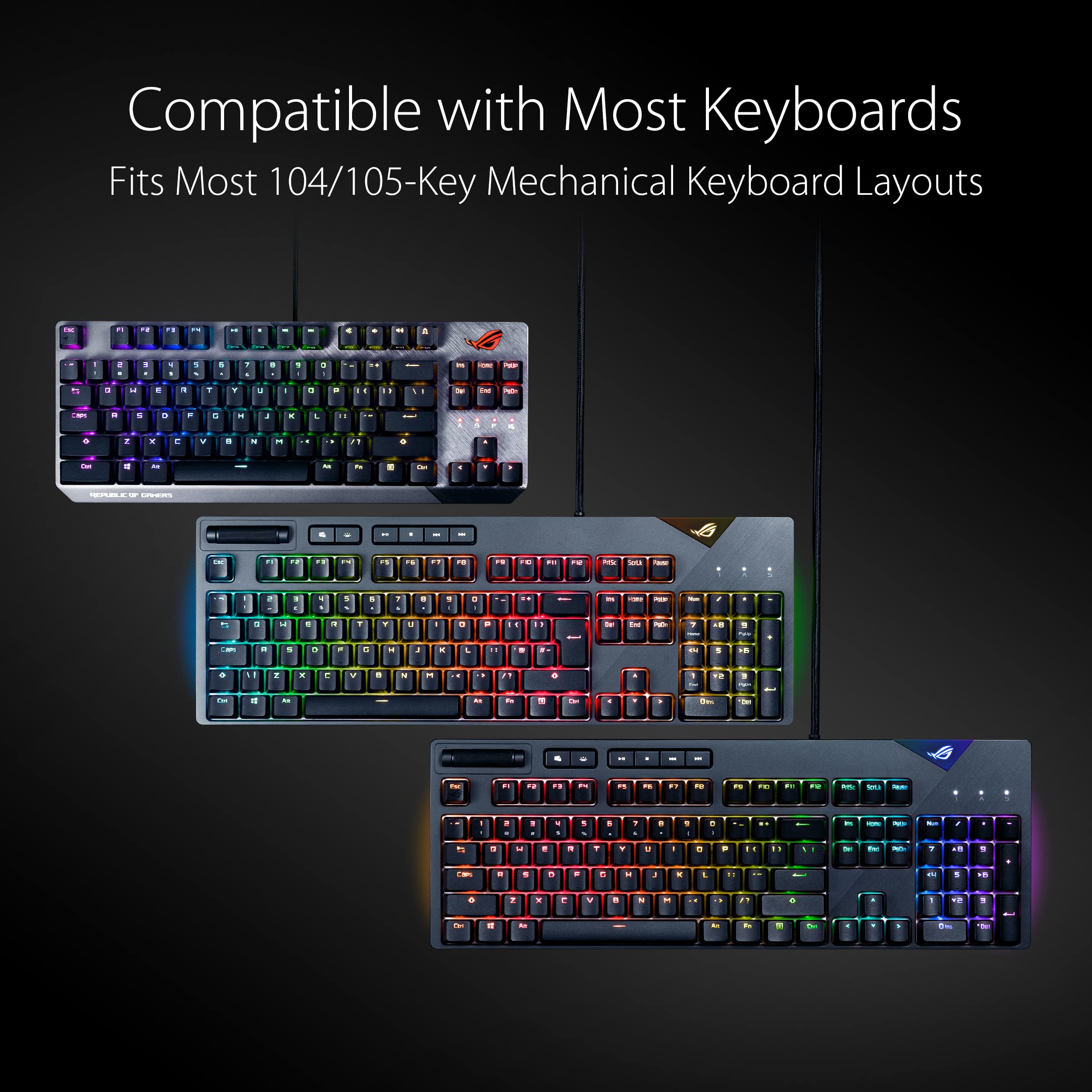 ASUS ROG SET TASTI PBT, Qualità Premium, Materiale a Lunga Durata, Neri | Steli Ridotti, Profili A Media Altezza, Resistenti, Click Migliorati (Layout a 104/105 Tasti per Stati Uniti e Regno Unito)