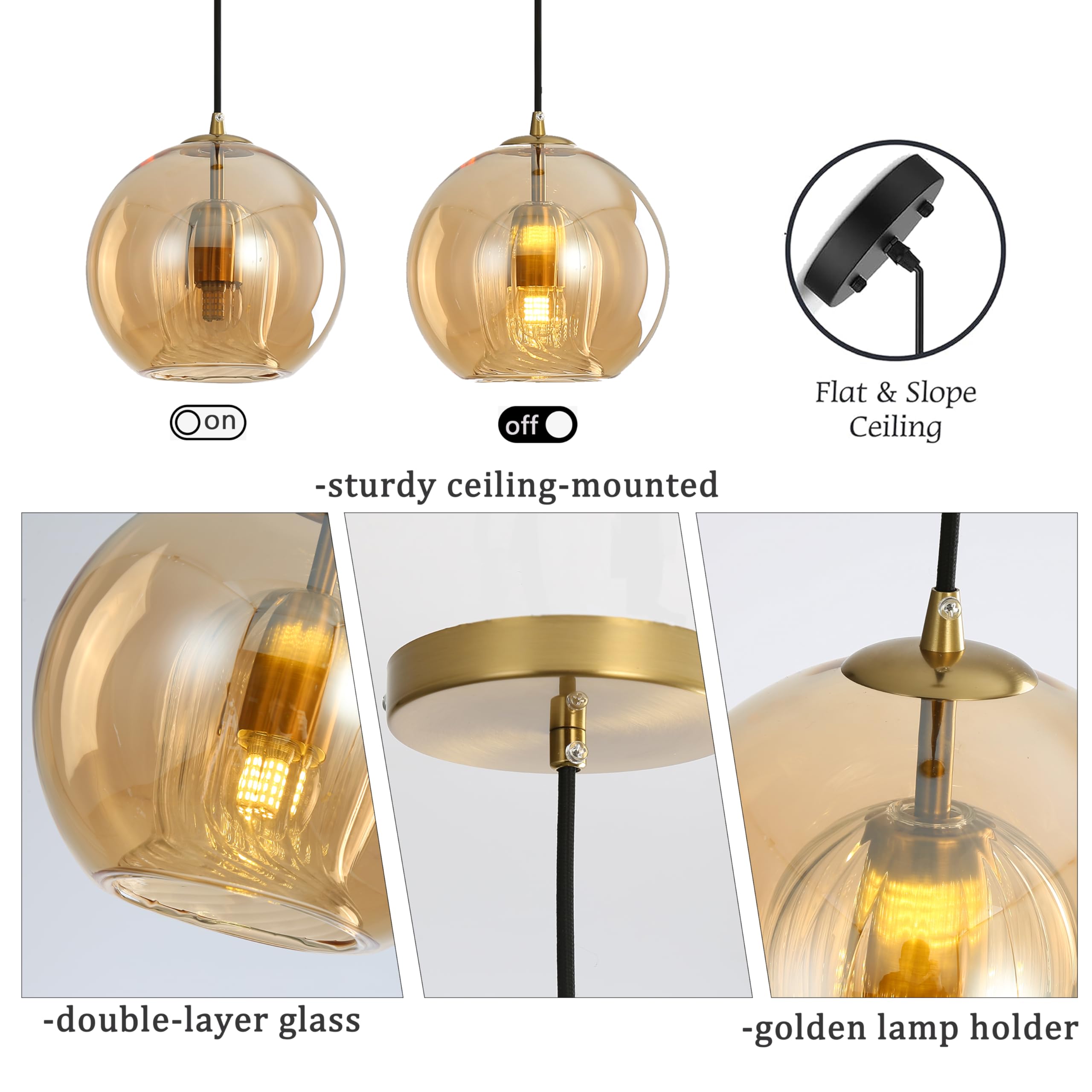 Lampadario a Globo in Vetro Moderno e Base Dorata, E27 Lampada a Sospensione Regolabile, Industrial Lampada da Soffitto per Isole Cucina, Soggiorni, Camere da Letto (Ambra, 25CM)