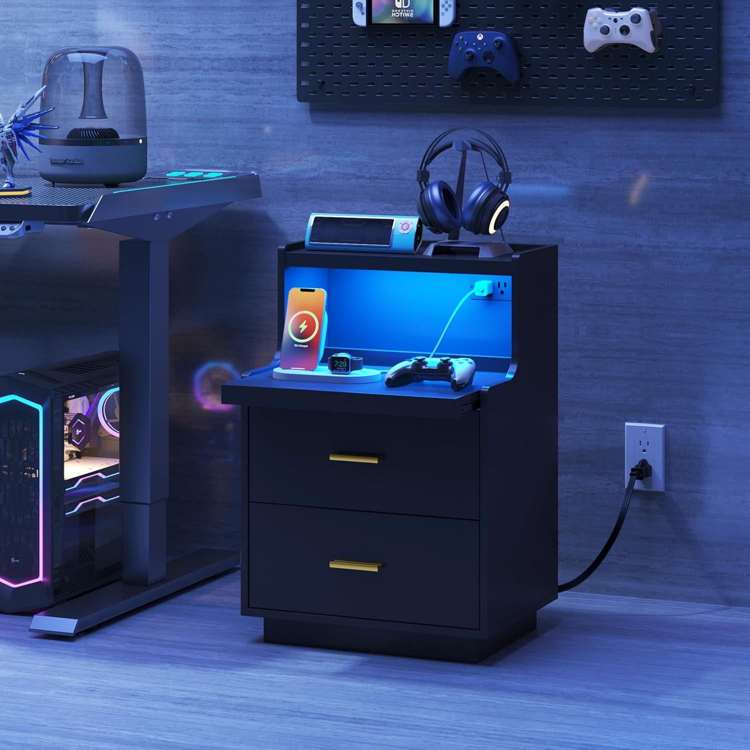 Yusong LED Nightstand Bedside Table with Charging Station 2 Drawers, Modern Sofa Couch End Side Table with LED Lights and Pull-Out Shelf for Bedroom (Black)