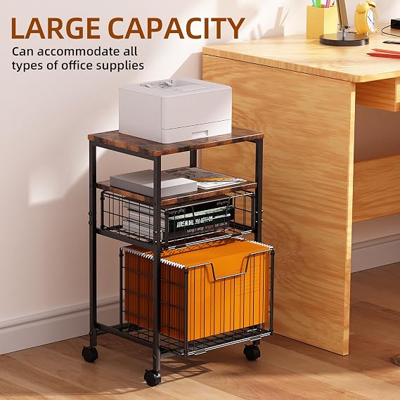 4-Tier Rolling File Cart | 2-Drawer Mobile Filing Cabinet & Printer Stand with Hanging Organizer - Dark Brown