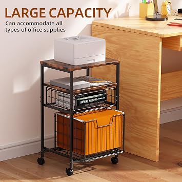 4-Tier Rolling File Cart | 2-Drawer Mobile Filing Cabinet & Printer Stand with Hanging Organizer - Dark Brown