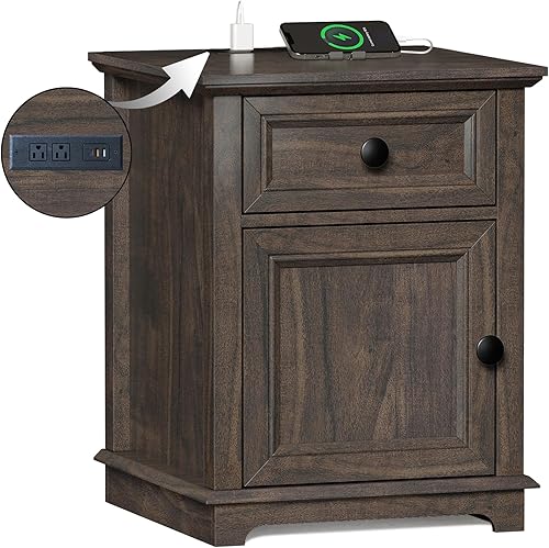 Mesa auxiliar de 24 pulgadas con estación de carga rápida, mesa auxiliar con cajón, estante ajustable y armario de almacenamiento grande, mesita de