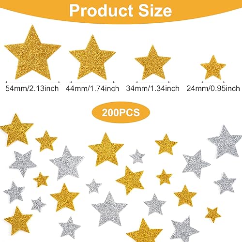 Miniatura 2 de 200 calcomanías de estrella de espuma con purpurina, 4 tamaños, calcomanías de estrellas doradas y plateadas, autoadhesivas, holográficas,