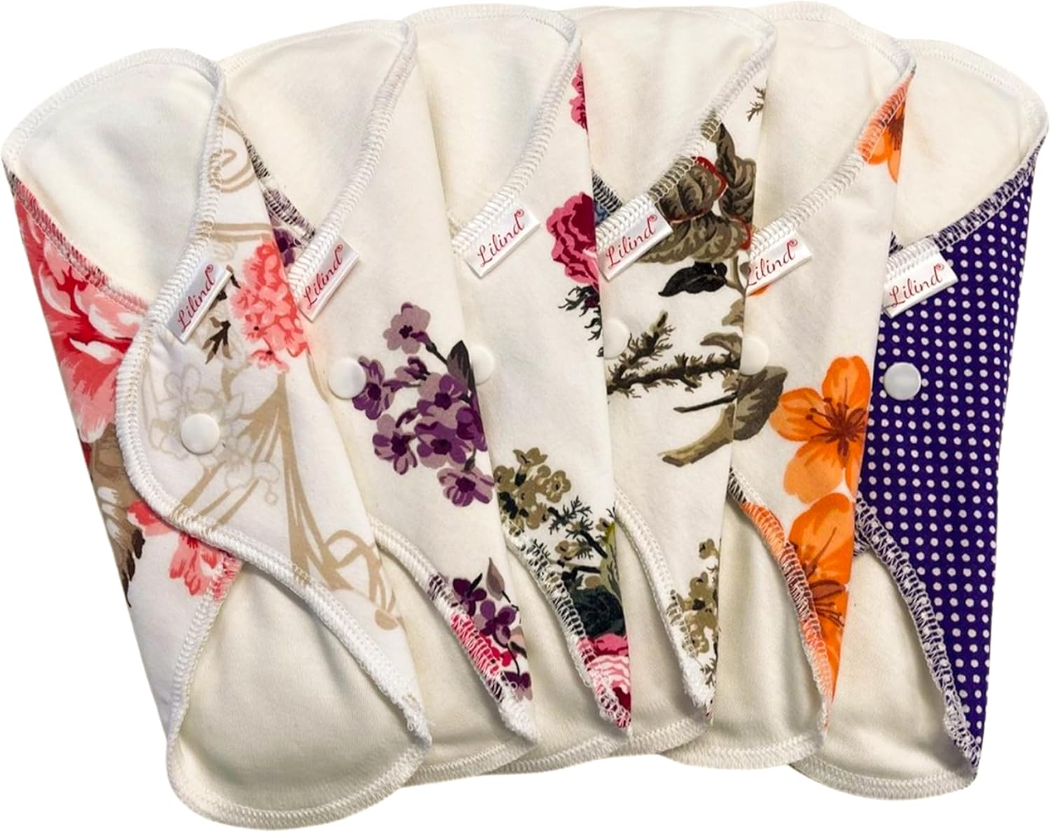 Lilind® 6 Pack Everyday 9" Regular Organic Cloth Pads on Random Color, Reusable Menstrual Sanitary Napkins, 100% Cotton