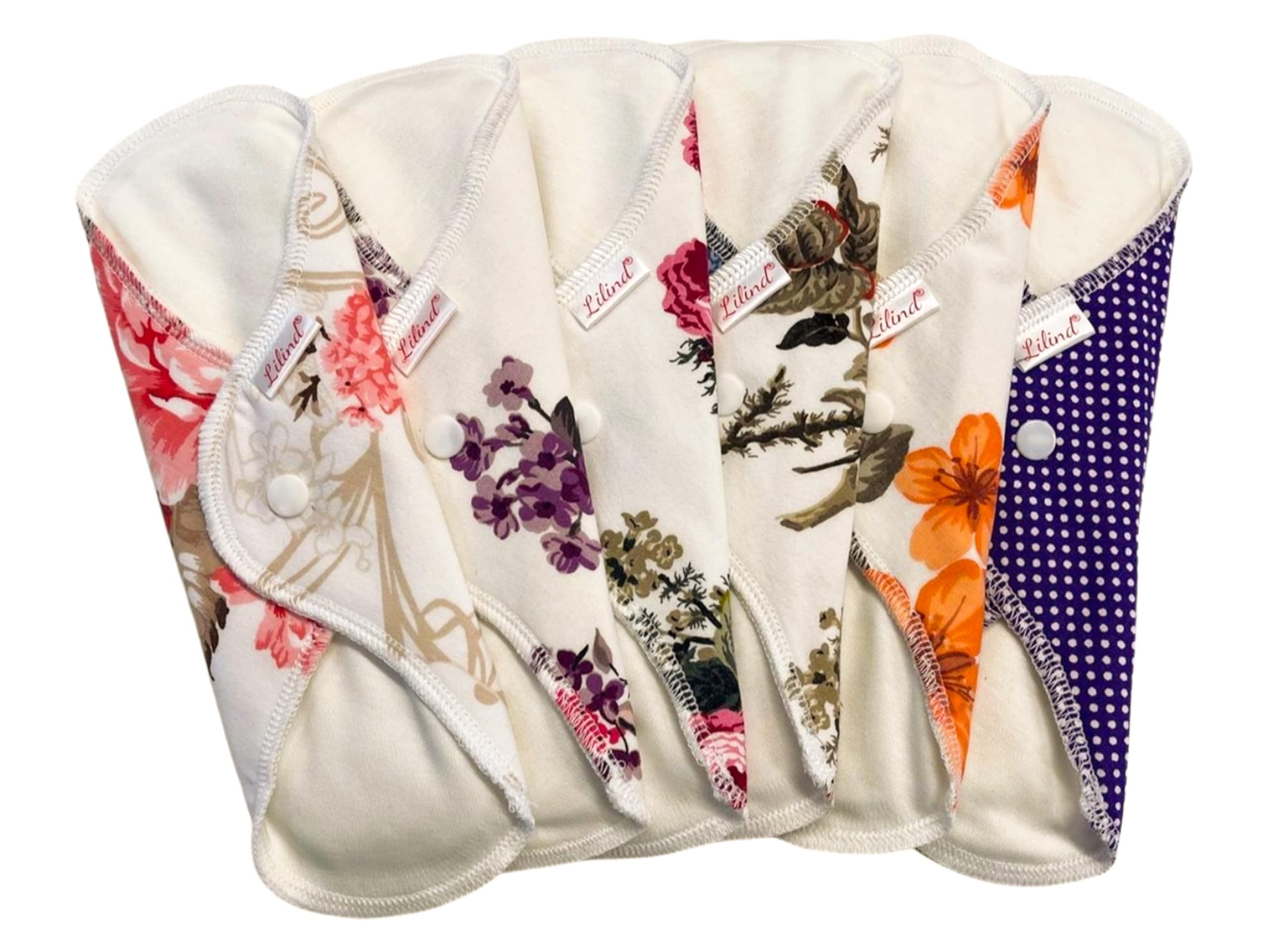 6 Pack Everyday 9" Regular Organic Cloth Pads on Random Color, Reusable Menstrual Sanitary Napkins, 100% Cotton