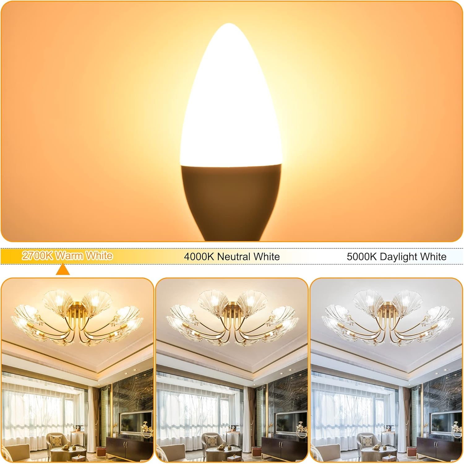comzler 12 Pack E12 LED Light Bulb Candelabra Type B Bulbs for Chandelier, 2700K Warm White, 6 Watt 60W Equivalent, B11 Shape, Ceiling Fan Light Bulbs, Small Base, CRI85+, 600Lumen, Non-Dimmable
