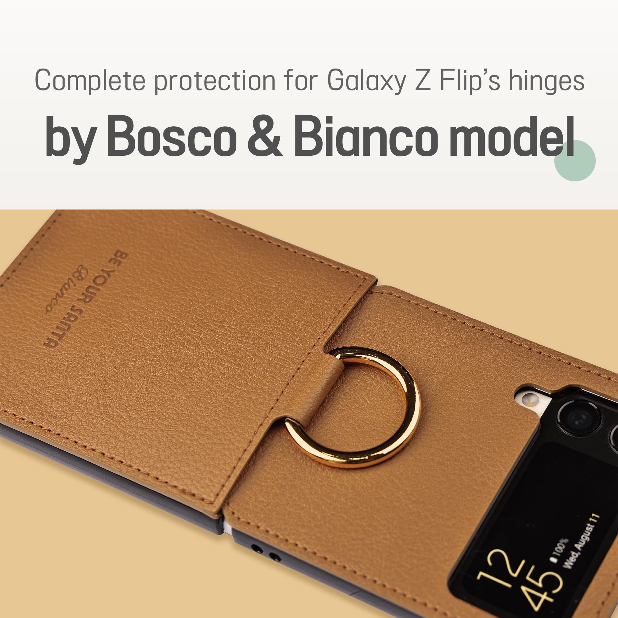 [BeYourSanta] Galaxy Z Flip 5 Case Bosco & Bianco with Card Holder, Camera Cover, and Hinge Protection - Italian Vegan Leather | Ring Holder, Wireless Charging (Coral Pink, Z Flip5 Bosco)