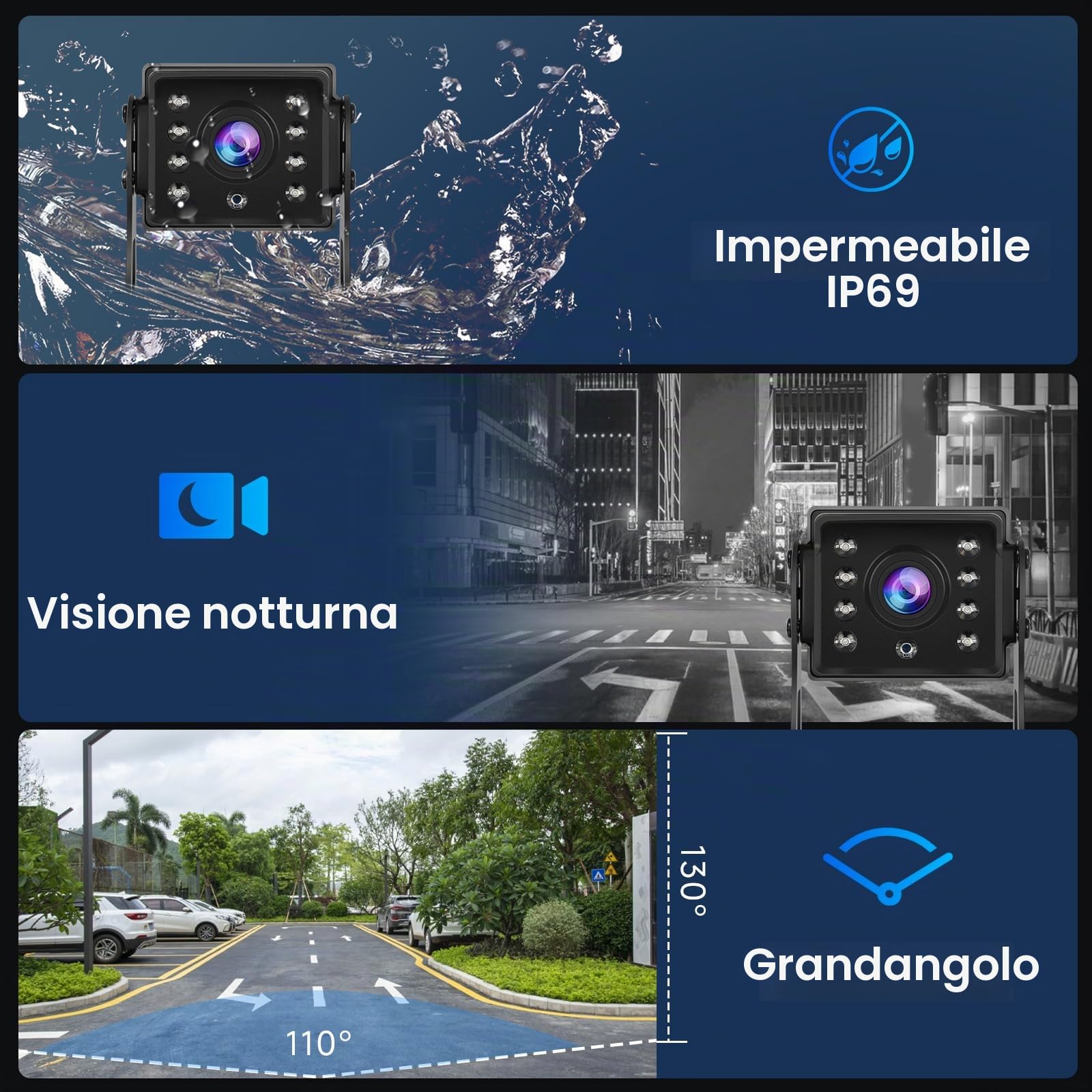 VECHTEL Retrocamera Camper Telecamera per Auto, 5 Pollici IPS HD Monitor e Kit, Telecamera Posteriore con Cavo da 10M, Visione Notturna IP68 Visione Notturna per Camion Auto Bus Furgoni Camper