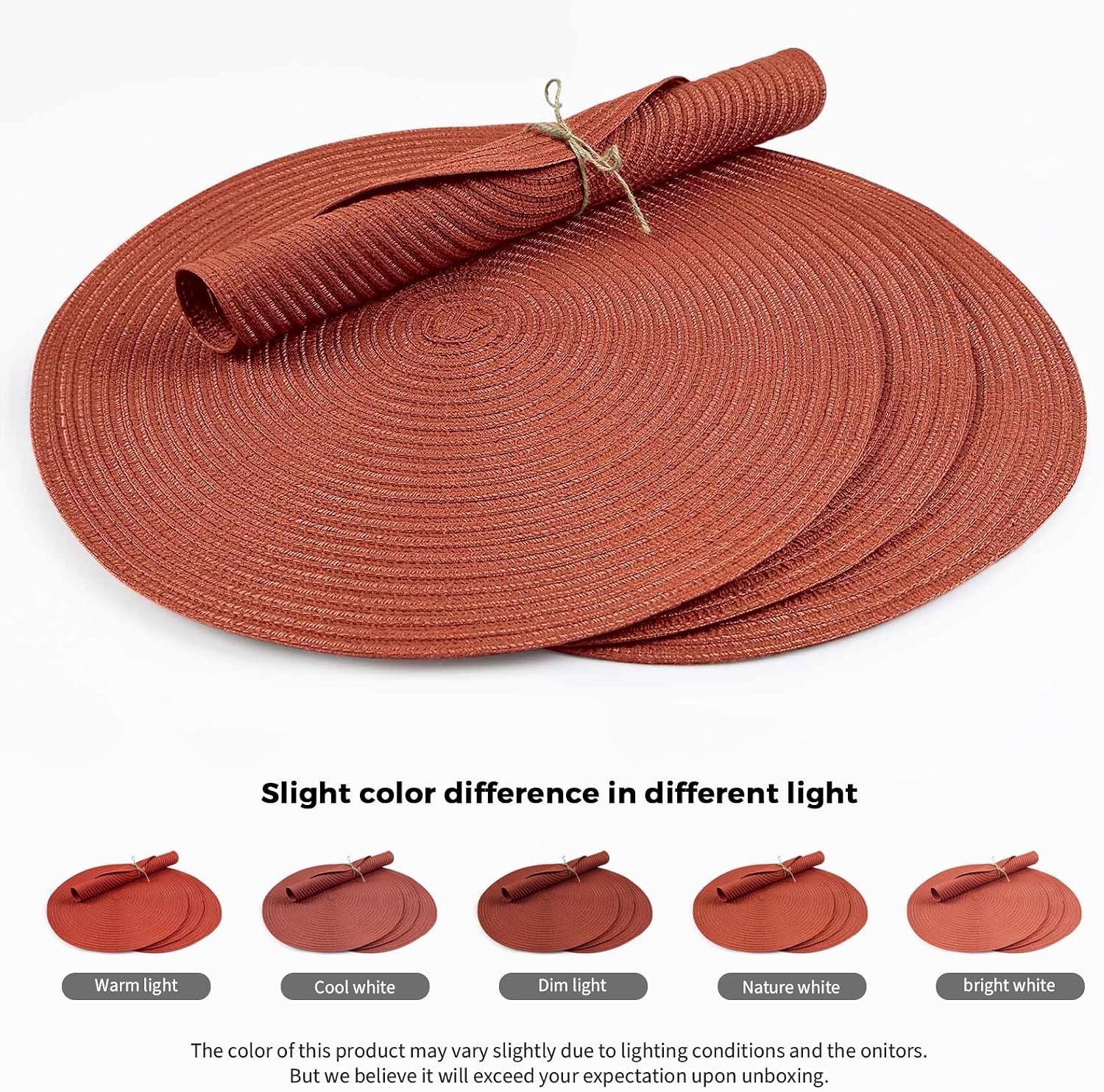FunWheat Round Braided Placemats Set of 6 Place mats for Dining Tables Woven Heat Resistant Table Mats 15 inch for Fall Decoration(Dark Orange)