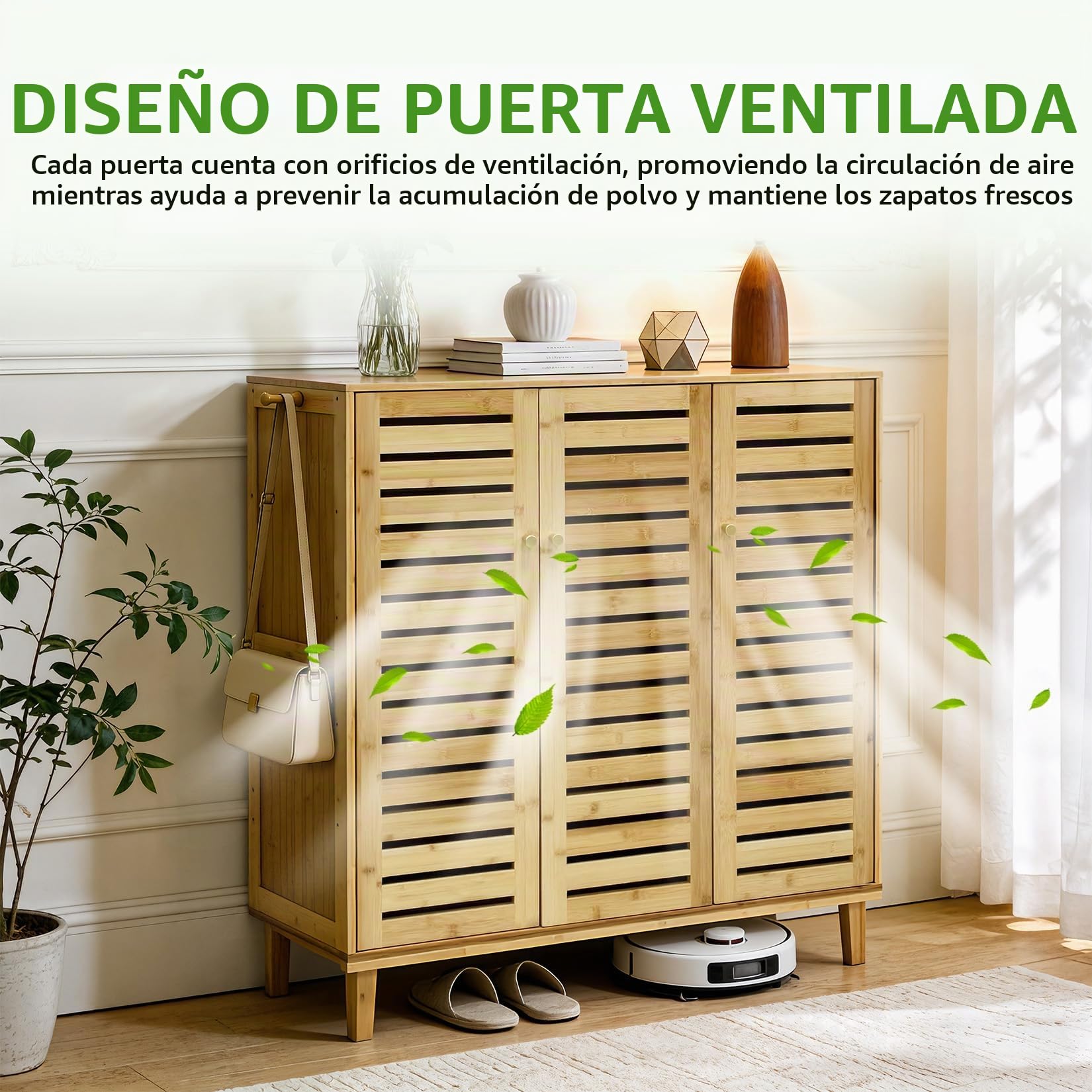 unho Zapatero Madera con Cierre Magnético y Ganchos 20 Pares, Fondo 35 cm | Mueble Zapatero Recibidor con 5 Estantes, con 3 Puertas, para Salón Pasillo, Madera Natural, 90.5x35x103cm