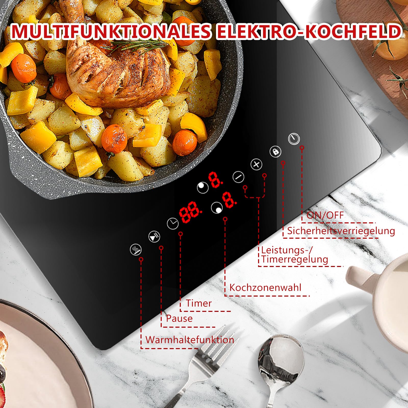 Glaskeramik-Herdestelle mit 2 Brennern, 3000W Einbaubare Glaskeramik-Herdestelle mit 2 Brennern und Steckdose, 9 Leistungseinstellungen, Senioren-gedachte Tastensteuerung, Timer