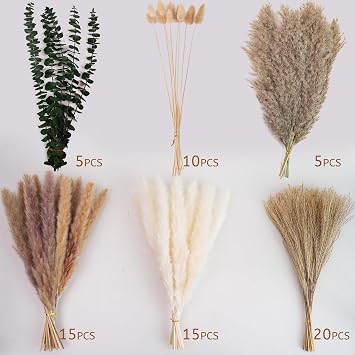 Pampas Grass Decor, Dried Flower Bouquet with Bunny Tail Grass, Pampas Grass & Eucalyptus, Boho Centerpieces for Tables & Floors - Dried Floral Arrangement, Fall Grass & Stylish Olive Green Wall Decor