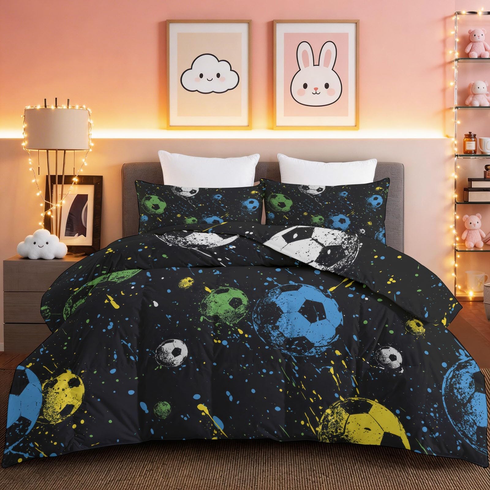 Piumino senza rivestimento sportivo con stelle di calcio, 135 x 200 cm, con federa da 80 x 80 cm, set da 3 pezzi per persone allergiche, 4 stagioni, caldo e morbido, lavabile, blu giallo