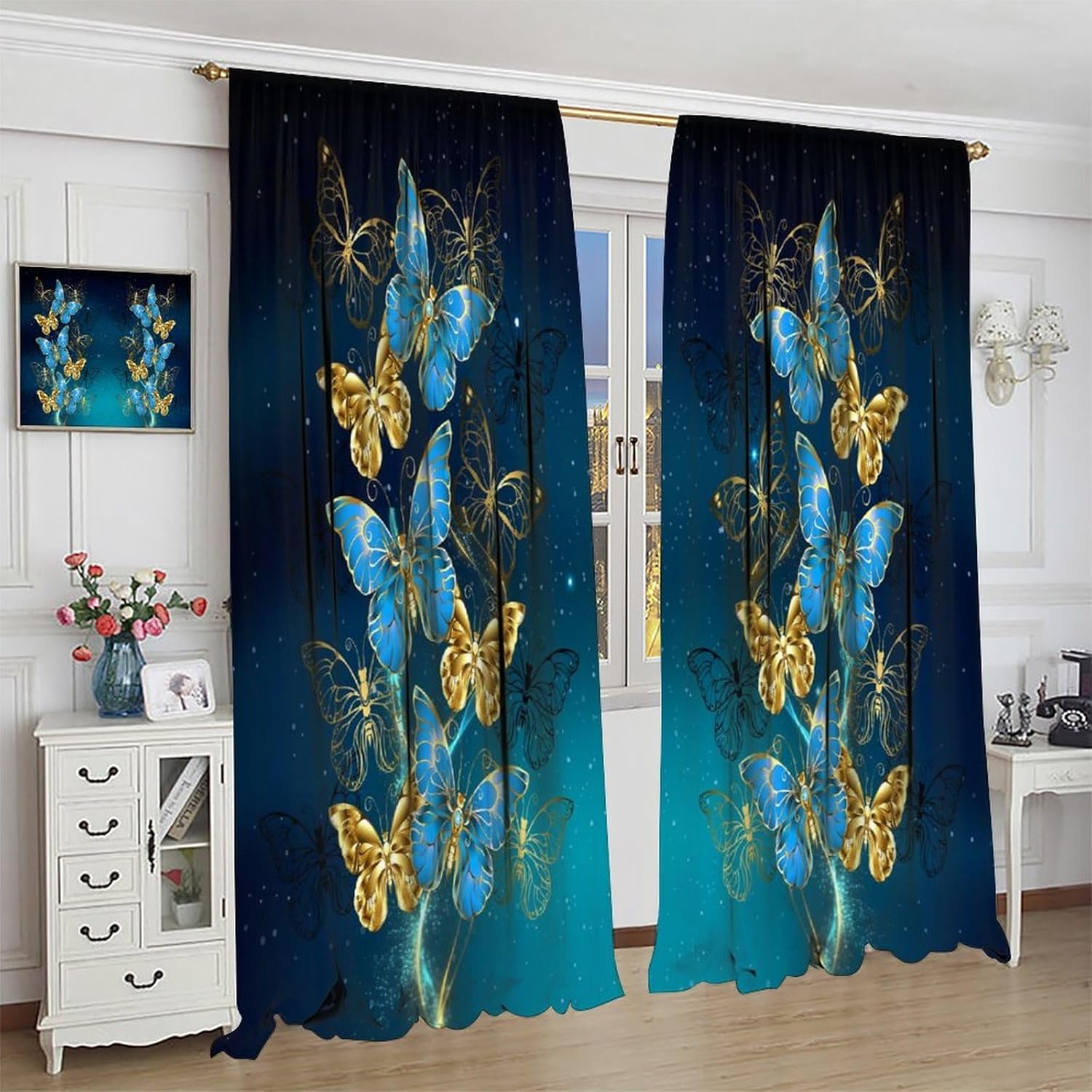 Butterfly Curtains, Starry Sky Galaxy Shining Light Golden Blue Sparkling Windiw Treatments for Girls Woman Teens Bedroom Living Room Home Blackout Drapes 63x63 Inch