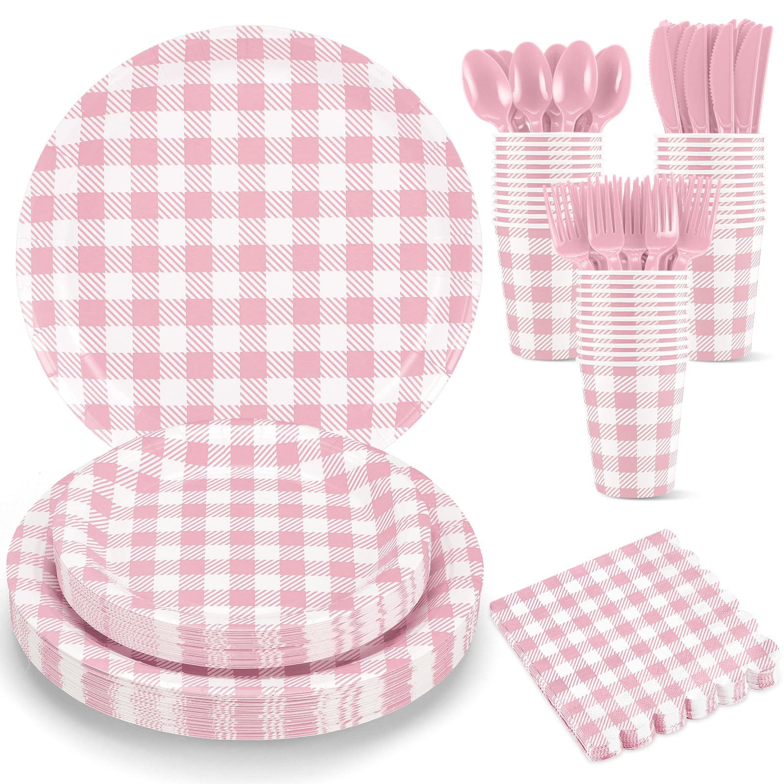 NatNarr 175 Pcs Gingham Paper Plates, Pink Gingham Party Supplies Include Pink Plates and Napkins Cups Disposable Checkered Dinnerware Set for Picnic,