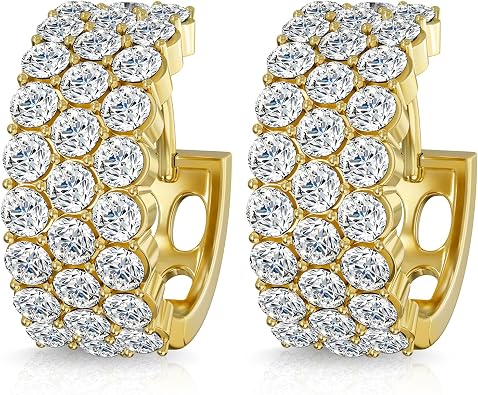 HELLOICE Moissanite Hoop Huggie Earrings for Women Men Round-cut 3 Row Chunky Hoop Earrings VVS1 Clarity D Color Hypoallergenic Jewelry for Wedding Christmas