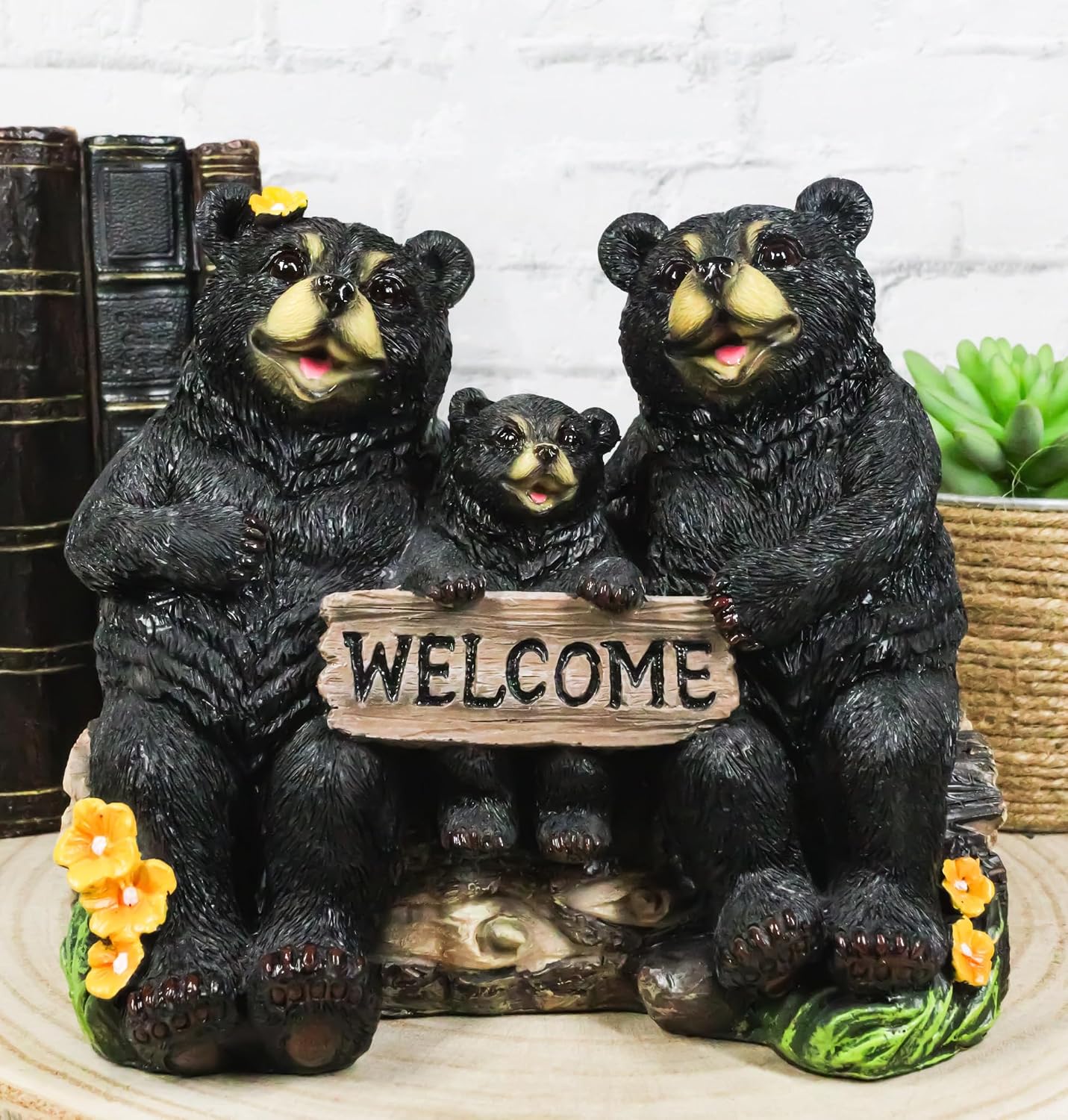 Ebros Gift Rustic Wildlife Forest Papa Mama Black Bears and Cub Sitting On Log with Welcome Plank Sign Home Decor Figurine 7" Long Decorative Cabin Lodge Mountain Accent