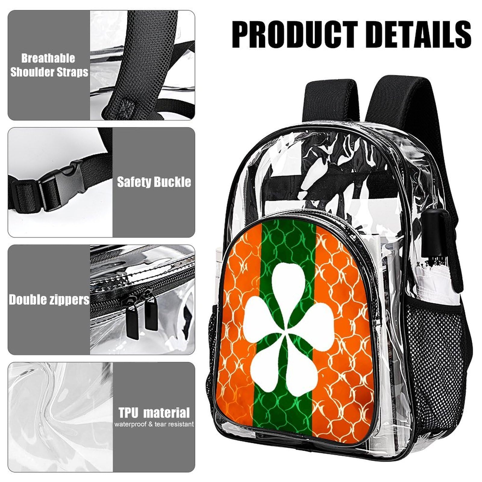 Transparenter Rucksack, Motiv: Silhouette von Blättern, groß, transparent, PVC, Büchertasche für Sicherheit, Arbeit, Reisen, Stadion