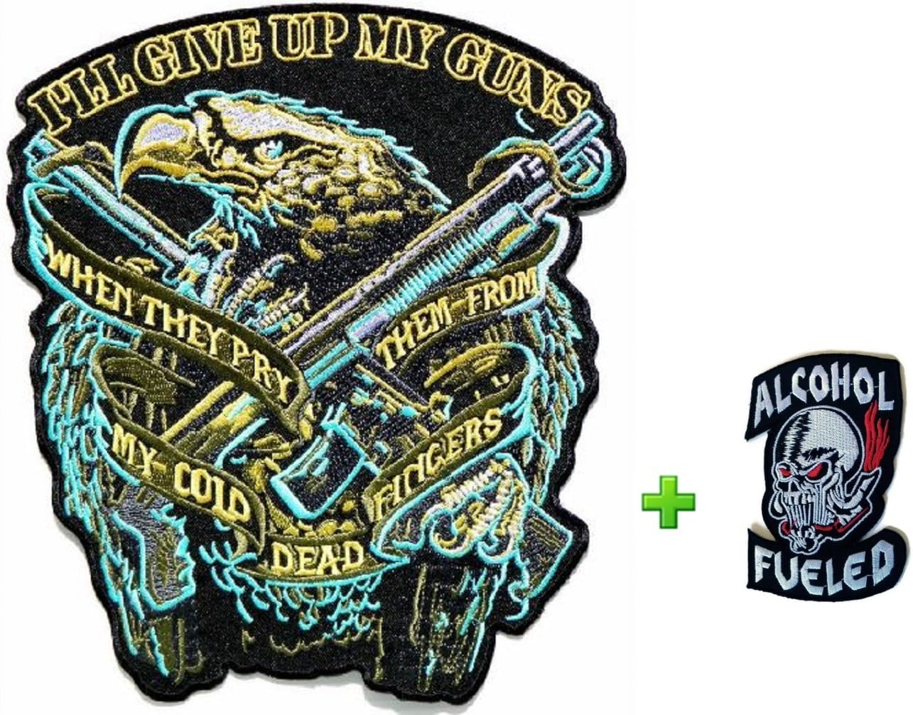 Large Eagle w/ Gun, Small Skull Helmet Head Alcohol Fueled Patches Badge Cool Look Over 80% Embroidered Iron-on Sewing Craft for Biker Rider
