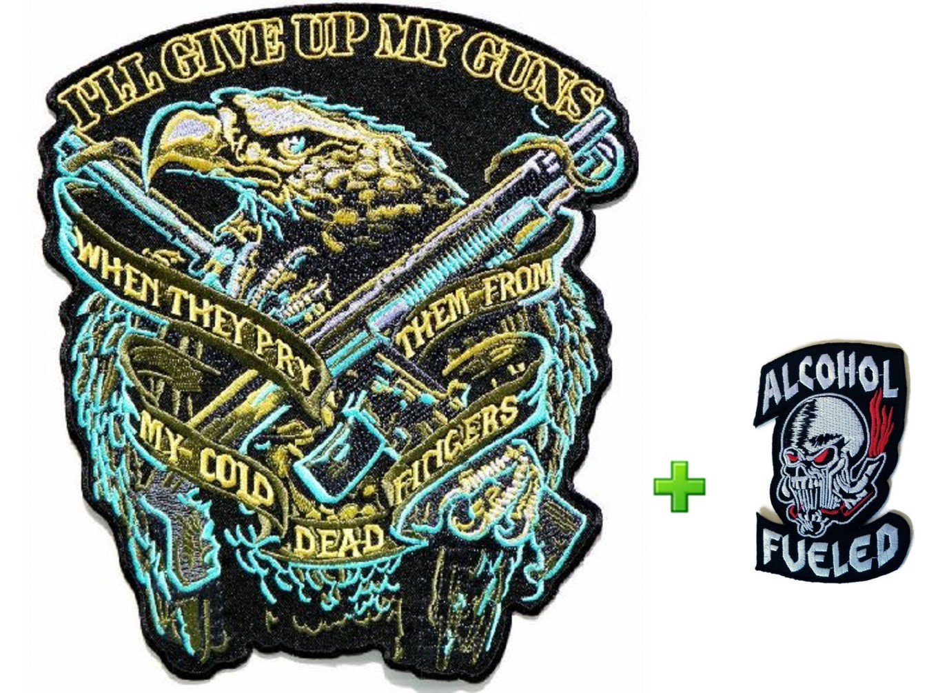 Large Eagle w/ Gun, Small Skull Helmet Head Alcohol Fueled Patches Badge Cool Look Over 80% Embroidered Iron-on Sewing Craft for Biker Rider