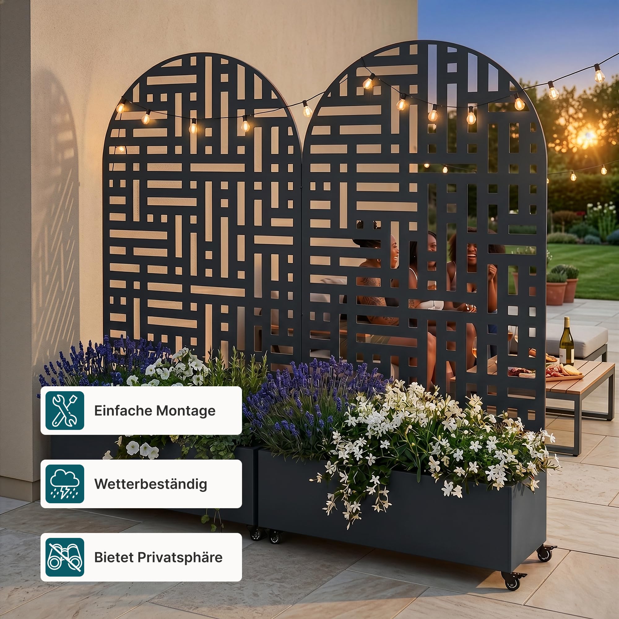 casa.pro Blumenkasten mit Sichtschutz Bernalda 190x120x38 cm Schwarz | Trennwand mit Rollen, Rundbogenform, Rankgitter, Metall, verzinkt, Balkon, Pflanzkübel hoch