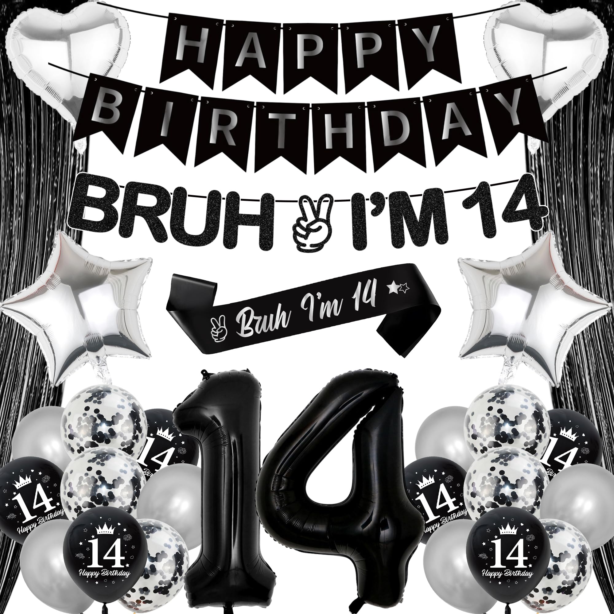 14th Birthday Decorations Balloons Banner - 28 Pcs Black Silver Happy Birthday Banner Decorations Bruh I'M 14 Banners Curtain Backdrop Foil Balloons for 14 Year Old Boy Party Decoration Supplies