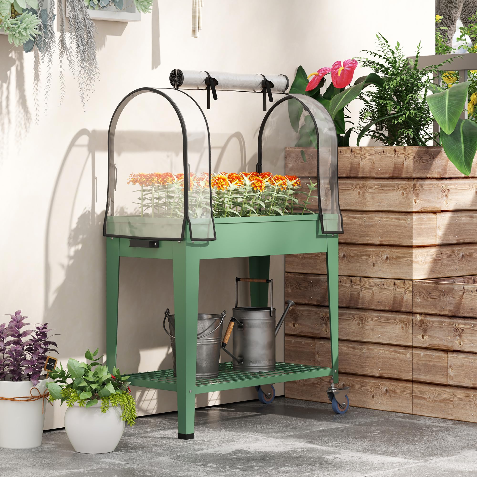 Outsunny Huerto Urbano Elevado con Ruedas, Mesa de Cultivo con Cubierta PVC de Invernadero y Estante Inferior para Cultivo, Plantas, Flores y Verduras, 80x40x120 cm, Verde