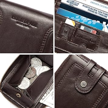 HUMERPAUL RFID Blocking Wallet for Men Zip Around, Genuine Leather Wallet with Coin Pocket 14 Card Slots ID Window, Large Capacity Top Grain Bifold Zipper Wallet Gift Box for Him Dad, Coffee, 4.9 x