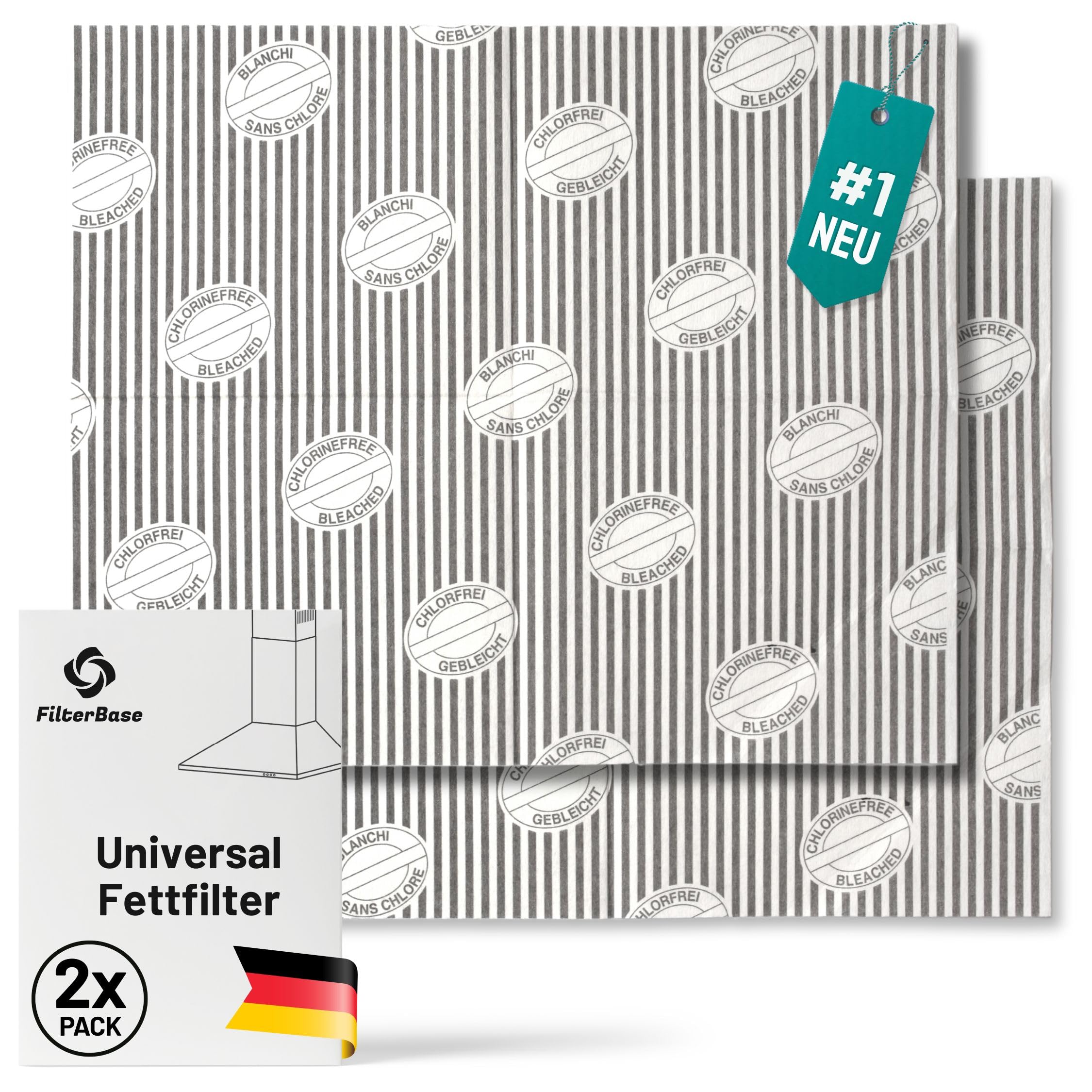 FilterBase® Universal Fettfilter Dunstabzugshaube | 2er Pack | Filter für Abzugshaube mit Sättingungsanzeige, kompostierbar, zuschneidbar 57x47 cm