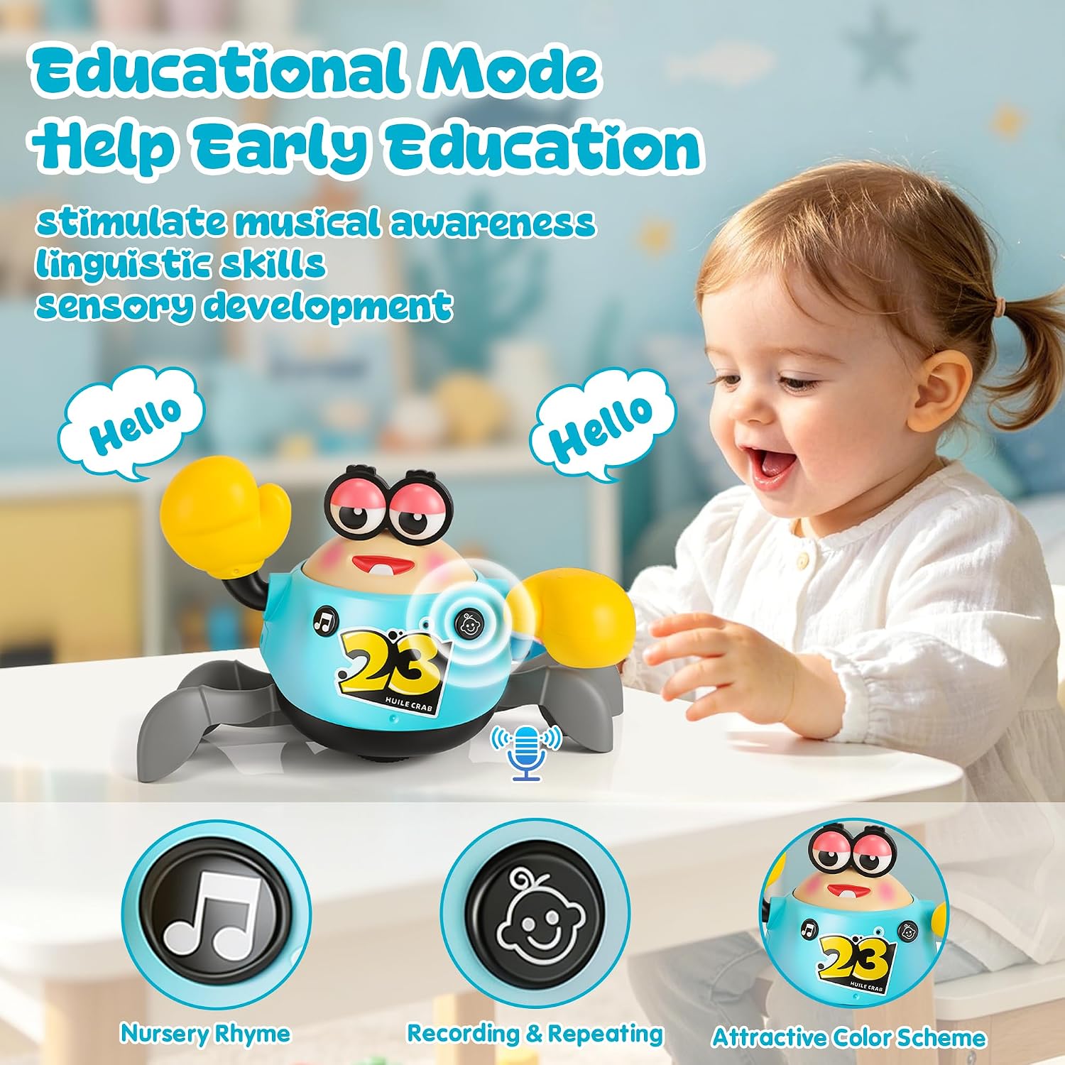 KETIEE Crawling Crab Baby Toy - Interactive Tummy Time Toy with Music & Recorder, Walking Dancing Crab with Obstacle Avoidance, Sensory Toy for 6-12 Months Infants, Gift for 1-3 Year Old Boys Girls