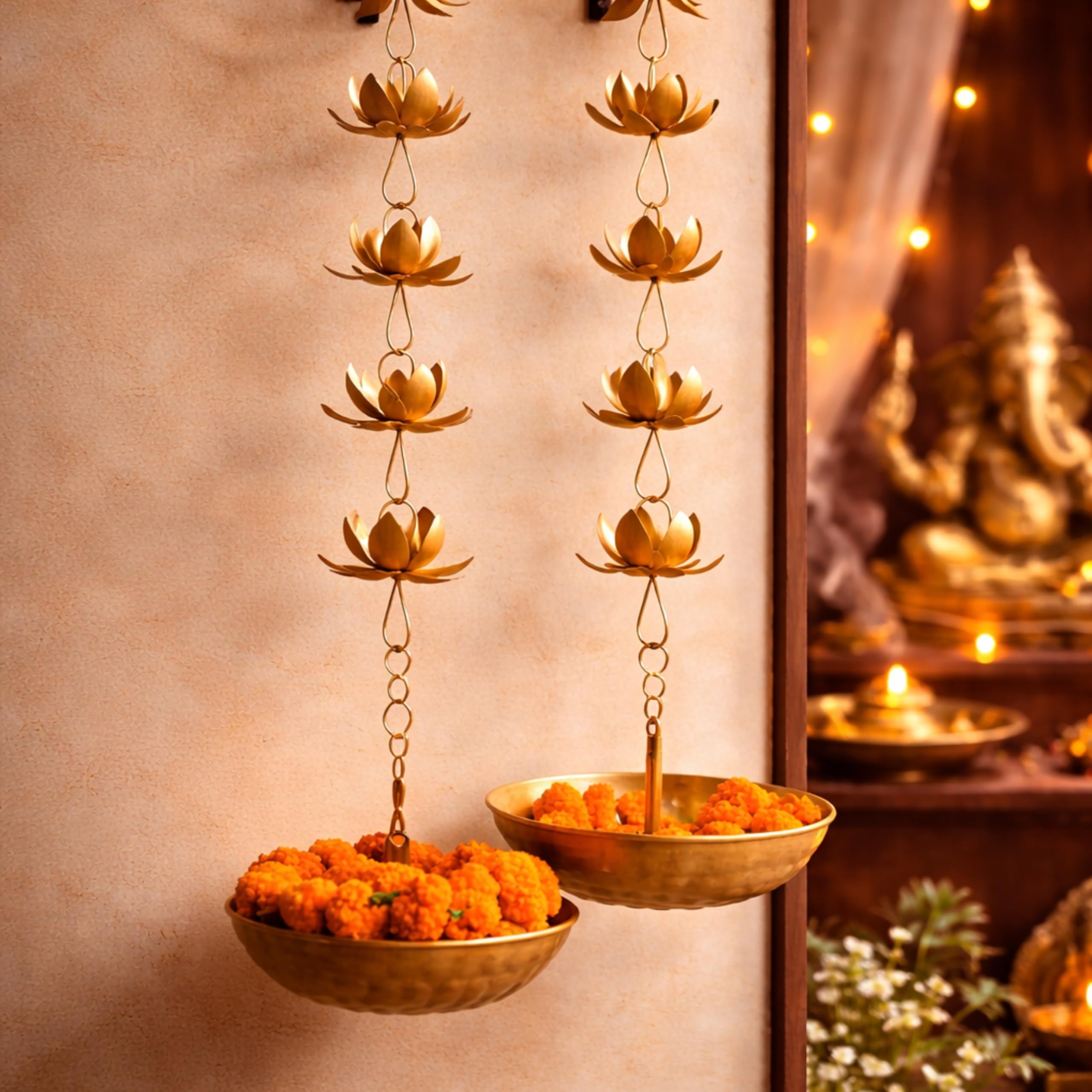 AGAAS ENTERPRISES 2L Metal Hanging Urli Bowl - Lotus Shape Brass Uruli, Floating Diya Pot for Flowers & Décor, Wall Hanging Uruli for Mandir, Diwali Gift, Festival Decoration-image-18