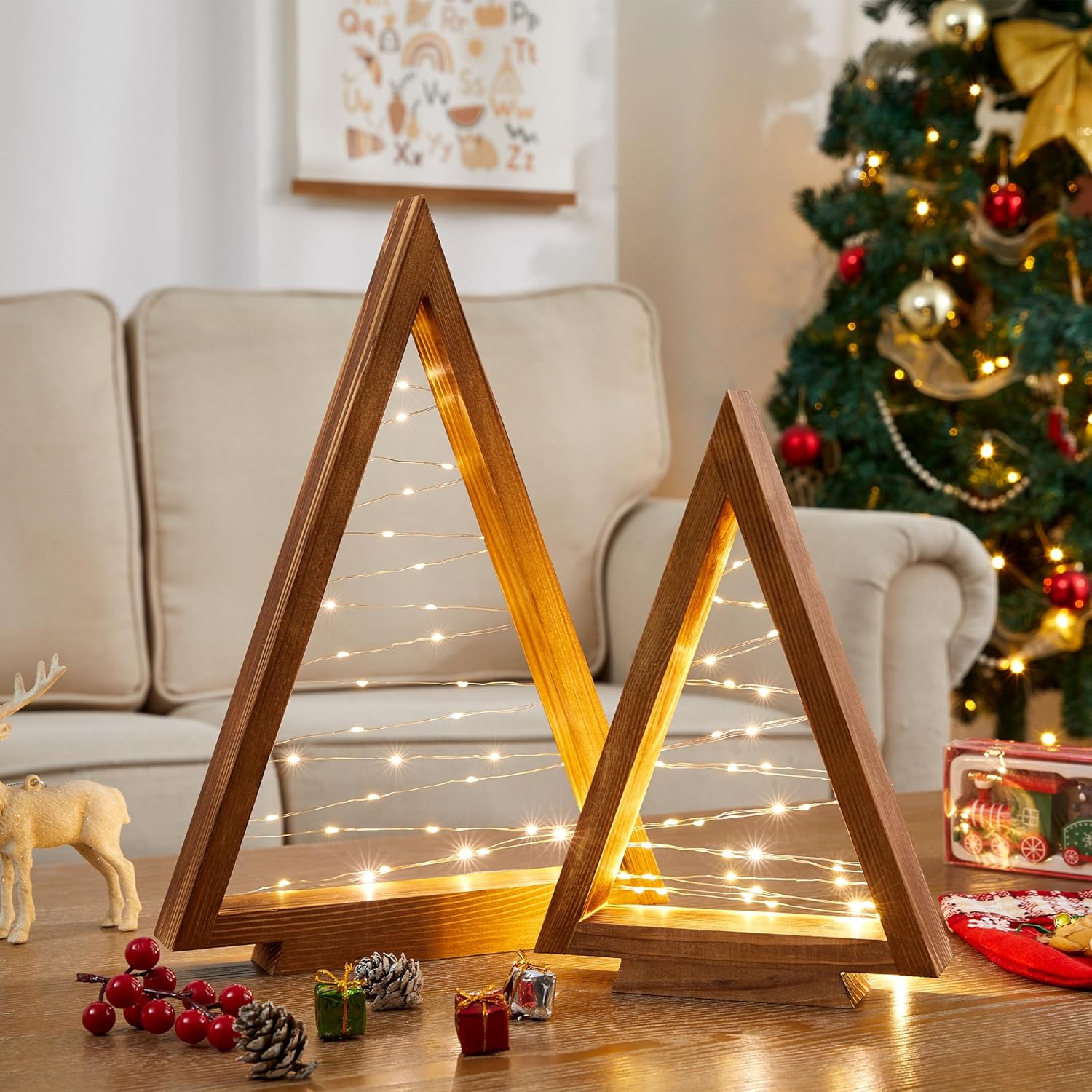 2 Pcs Wood Christmas Tree with Lights-Modern Farmhouse Christmas Wooden Tree Centerpieces for Tables Christmas Holiday Decorations Home Party Table Fireplace Mantle Shelf Decor(Brown)