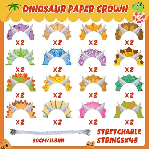 Miniatura 4 de Sinmoe 32 sombreros de fiesta de dinosaurios, suministros de fiesta de cumpleaños de dinosaurio, sombreros de dinosaurio de papel, corona, tiara de