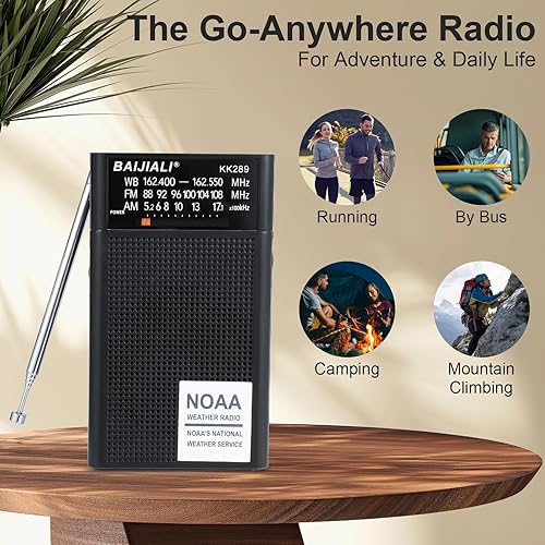 Miniatura 6 de BAIJIALI Radio meteorológica NOAA con AMFM, radio portátil de emergencia, recepción fuerte, funciona con pilas, conector de auriculares para