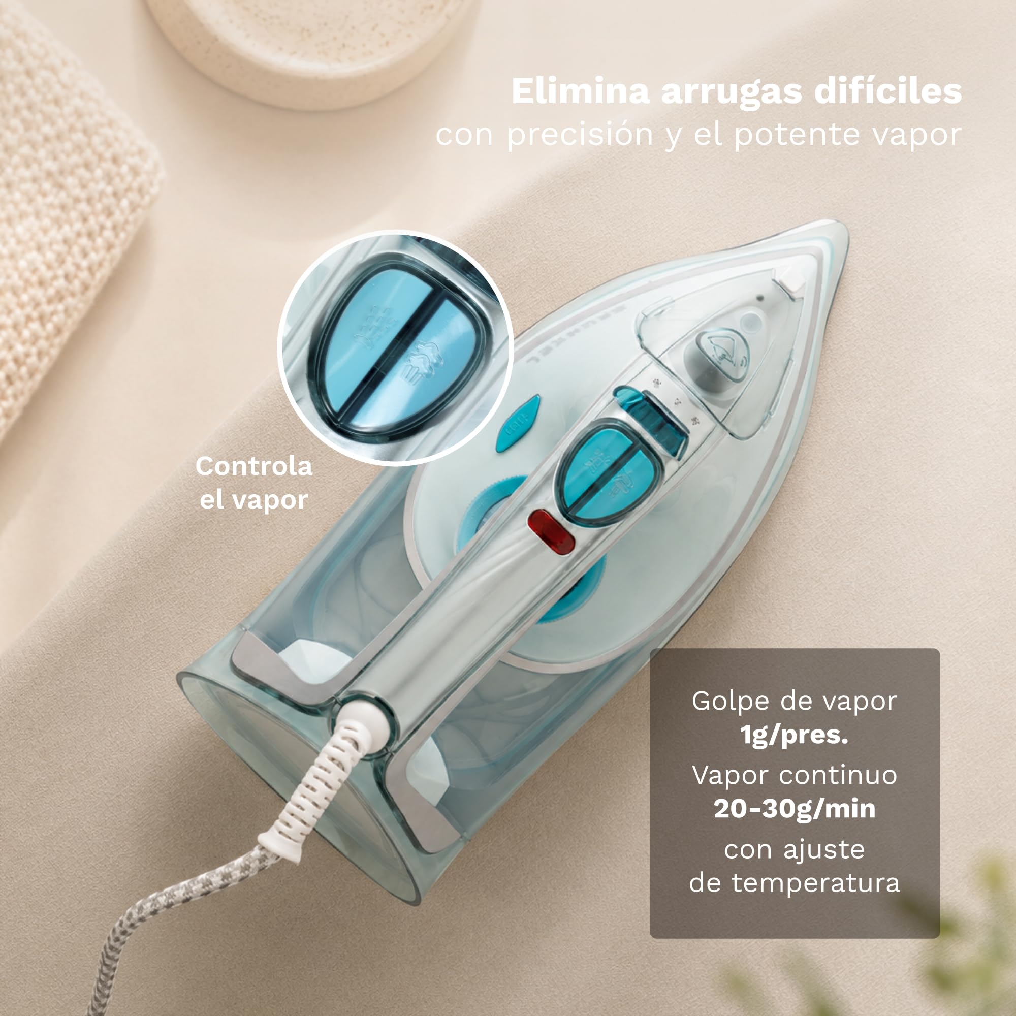 Grunkel - Plancha de Vapor - Control de Caudal de Vapor, Función Antical y Antigoteo. Golpe de Vapor de 1g y 30g/min de Vapor Continuo. Capacidad de Depósito de 300-370ml (Potencia: MAXTOP 3200W)