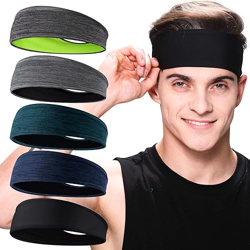Braylin Paquete de 5 diademas deportivas para hombre, diademas transpirables para fitness, absorben el sudor, elásticas
