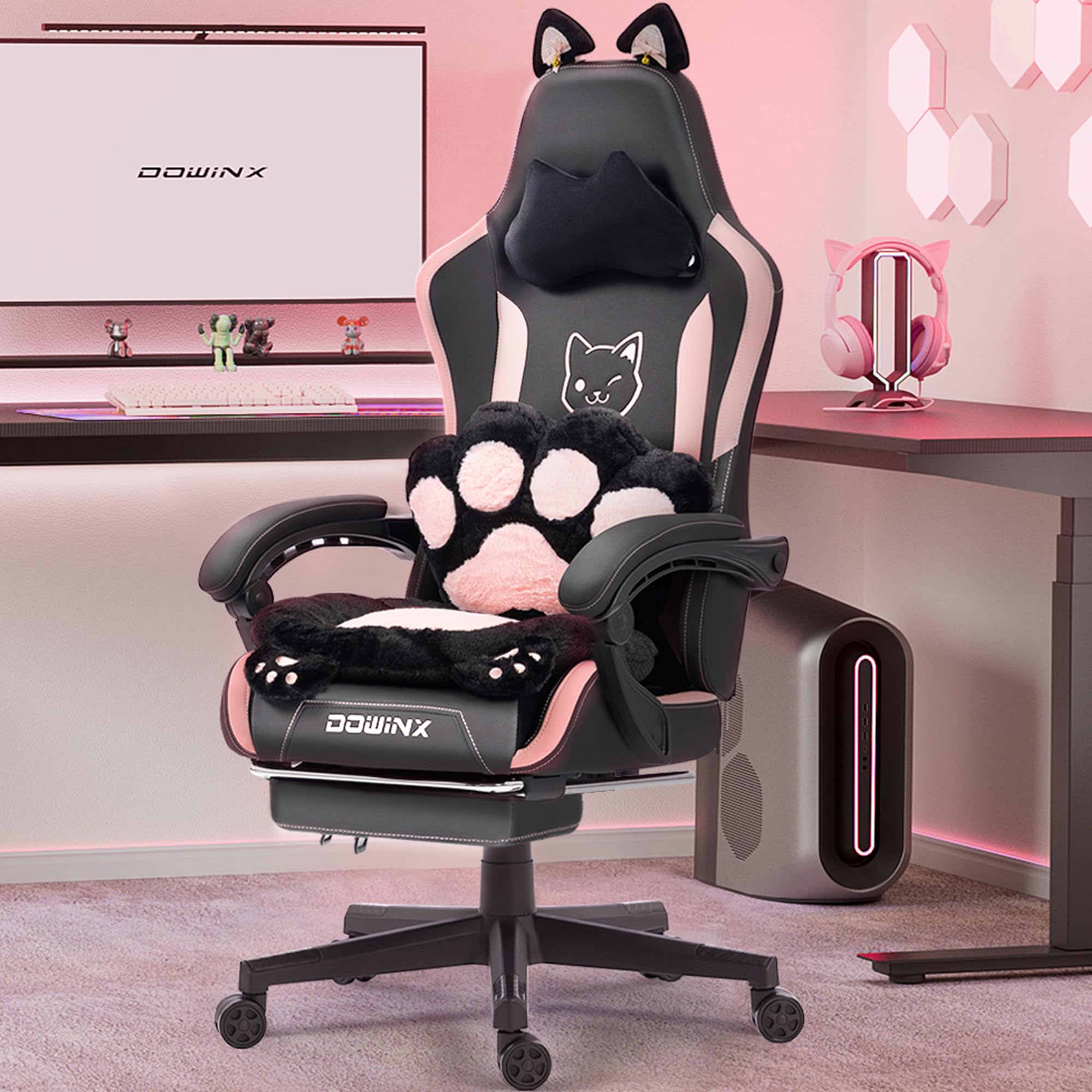 Dowinx Gaming Chair Cute with Cat Ears and Paw Lumbar, Ergonomic Computer Chair for Girl with Footrest and Headrest, Comfortable Reclining Game Chair 292lbs for Adult, Teen, Black