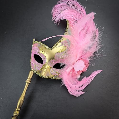 Miniatura 3 de Holding Stick - Máscara de plumas con palo de Mardi Gras, máscara de encaje para mujer, disfraz de plumas de pavo real, máscara veneciana