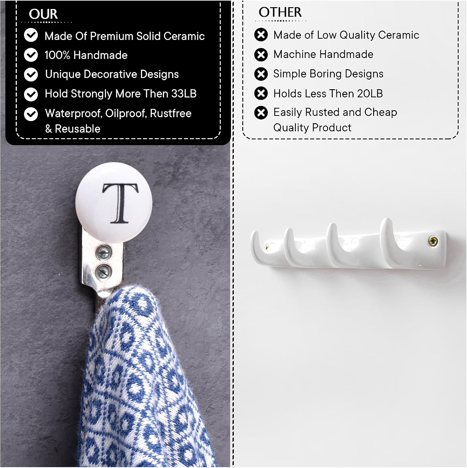 Indian Shelf 1-Piece Ceramic, Zinc Decorative Cute Hooks for Hanging Coats, Jackets, Leash, Hat, Towel, Backpack, Purse, Handbag for Kitchen Décors (White) image 5