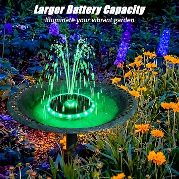 SZMP Solar Fountain 3.5W Bird Bath Fountains with Flower 2023 Upgraded Glass Panel & 4W Solar Powered Fountain Built-in 4000 Battery with 7 Color LED Lights (Black)
