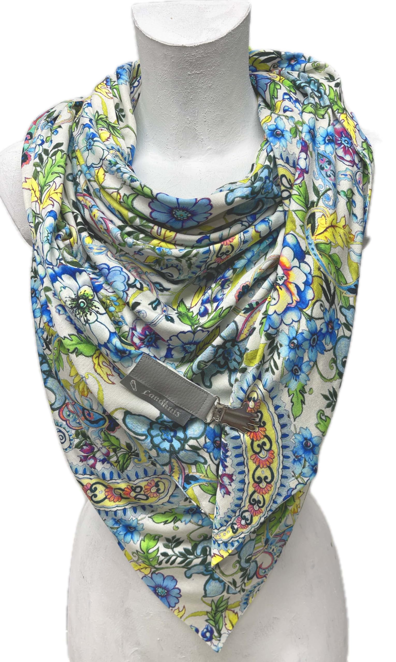 handmade - Handgemachtes XXL Dreieckstuch Paisley & Blüten – Viskose Jersey – bunt – beidseitig tragbar – mit Clipverschluss