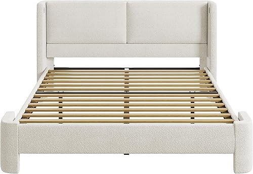 Miniatura 9 de LIKIMIO Base de cama matrimonial con cabecero, marcos de cama tapizados con puertos USB, base de cama cama no necesita somier, color blanco crema