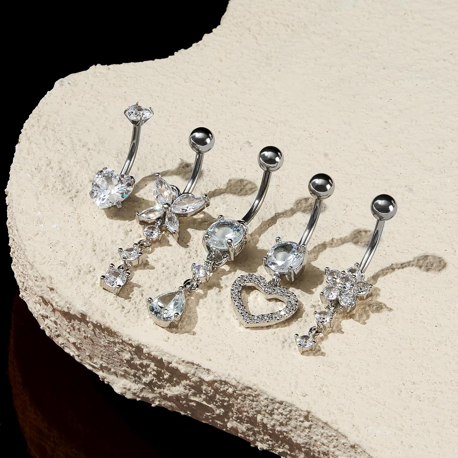 5pcs Belly Button Ring 14G 1.6MM Dangle Navel Belly Piercing Jewelry Cute CZ Heart Butterfly Flower Navel Belly Rings Silver Stainless Steel Belly Piercing for Women - Image 3