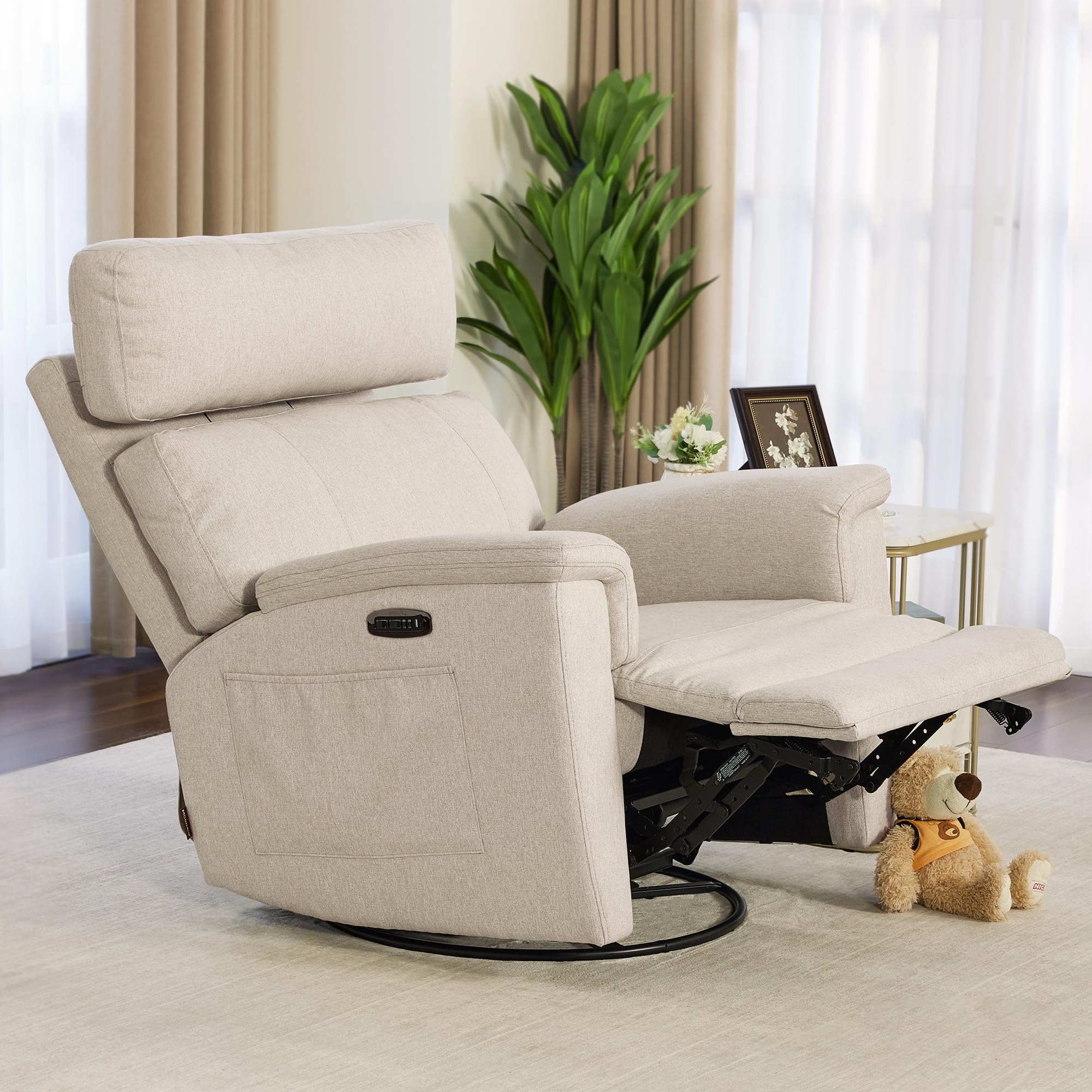 MCombo Power Swivel Glider Recliner Nursery Chair with Adjustable Headrest and Nightlight, Fabric PR601 (Beige)