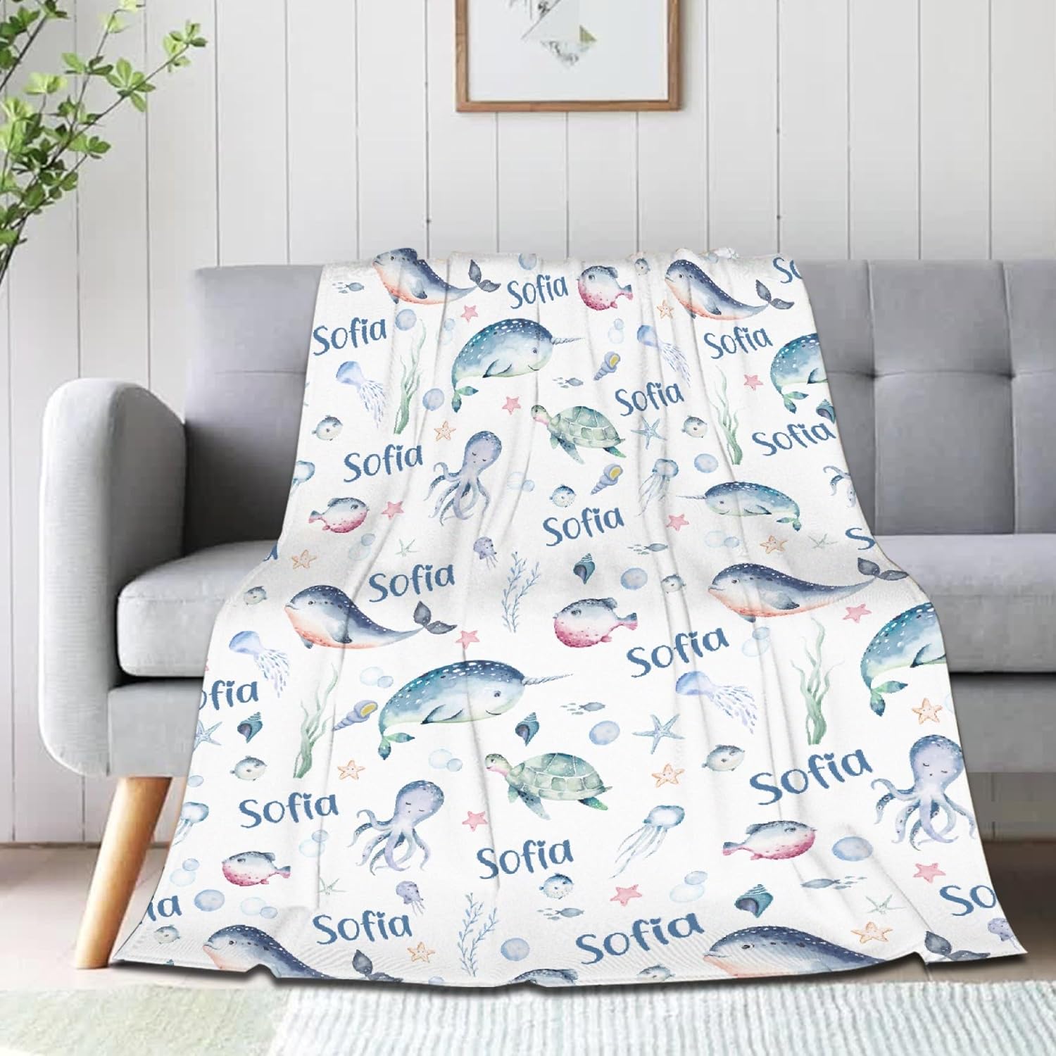 Personalized Ocean Animals Blanket Gifts Custom Name Blanket Flannel Lightweight Soft Cozy Blankets Throws Sea Theme Baby Blankets Girls Boys Kids Adult Couch Sofa Bedding 50"x60" for Teen