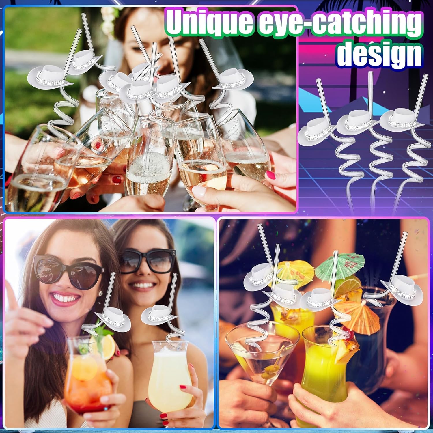 FillTouch 24 Set Bachelorette Cowboy Hat Straws, 70s Mini Disco Rhinestone Cowgirl Western Hat Bling Bend and Glitter Cocktail Straws for 1970s Holiday Wedding Party Decorations(White)