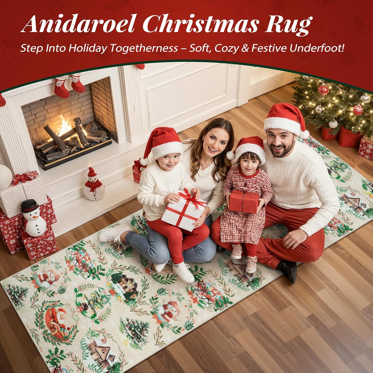 Anidaroel 2x6 Washable Christmas Runner Rug Non Slip Hallway Runner Rug, Christmas Kitchen Rug Xmas Holiday Rugs Indoor Entryway Carpet Runner, Low Pile Front Door Mat for Entry Fireplace, Beige